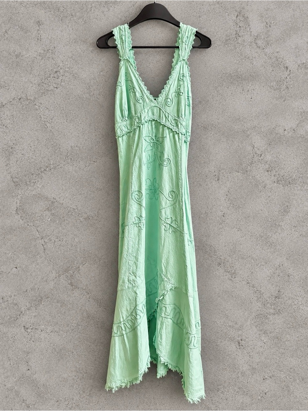 Giocam Mint Green Embroidered Boho Maxi Dress Small Cotton Y2K Handkerchief Hem